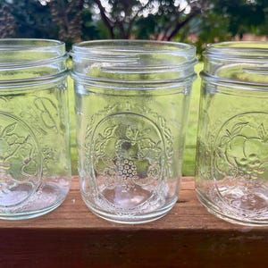 ヴィンテージガラス製広口メイソンボールジャー3個、幅広口ジャー - 透明メイソンジャー/メイソンジャー 1.5カップ フルーツデザイン