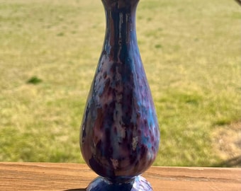 Footed Ceramic Bud Vase: 7-Inch Tall, Purple Blue Black Glaze