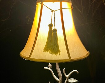 Vintage Victorian Brocade Lampshade | Scalloped Satin Fringe Bell Tulip Ivory