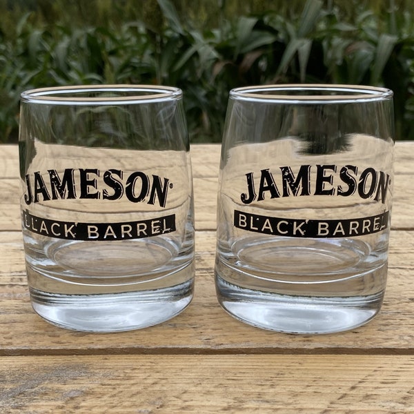 2pc Set 10oz  Jameson Black Barrel Blended Irish Whiskey Rocks Glasses w/ Black Lettering Lowball Lo-Ball Lo Ball - Collectible Barware