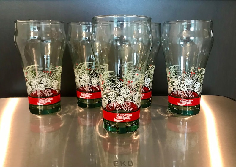 Pine Cone Coca-Cola Glasses Set of 5 Snow Coca Cola Coke Bell-Shaped Coca Cola Drinking Glass Holiday Christmas Pinecone Green Coke Glass image 1