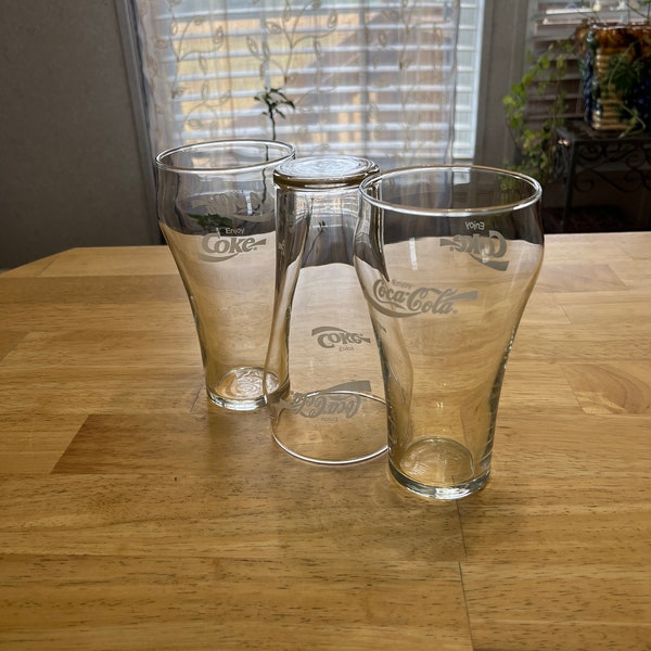 6" Vintage Coca-Cola Glass Clear Coke Glass w/ White Letters  Set of 3 Glasses Coca Cola Coke Bell-Shaped Iced Tumblers Coke Glass  Coke Set