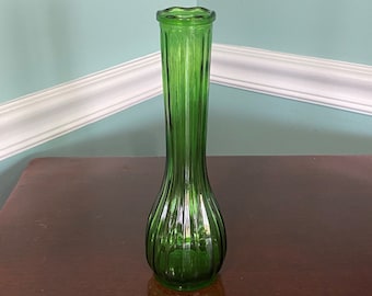 1960s Emerald Green Pressed Glass Bud Vase – Ribbed Design, 8.5"