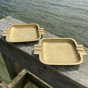2 Mid Century Vintage Square Brass Ashtrays with Floral Engravings 8.25&quot;
