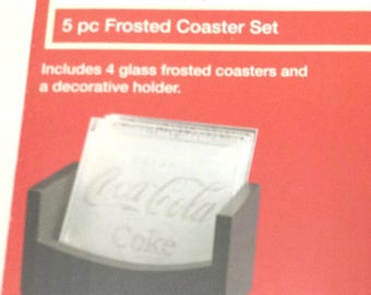 Drink Coca -Cola CoKe Refreshing 5 Piece Frosted Coaster Set 4 Glass Frosted Coasters Decorative Holder Official Coca-Cola Licensed Product