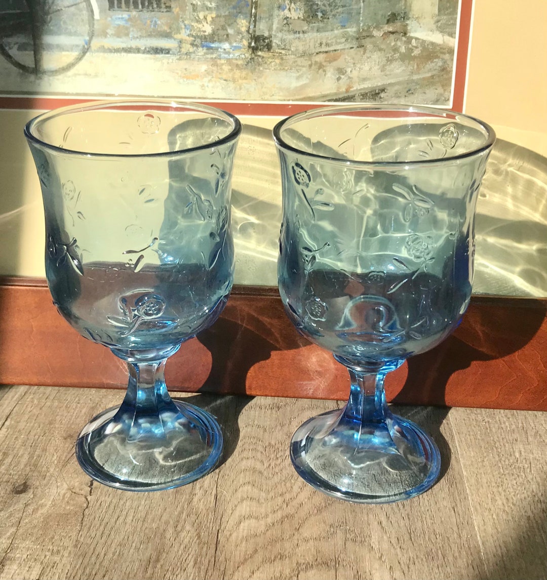 Large Blue Stemmed Goblets Set of Two Wine Glasses W/ Flowers Etsy