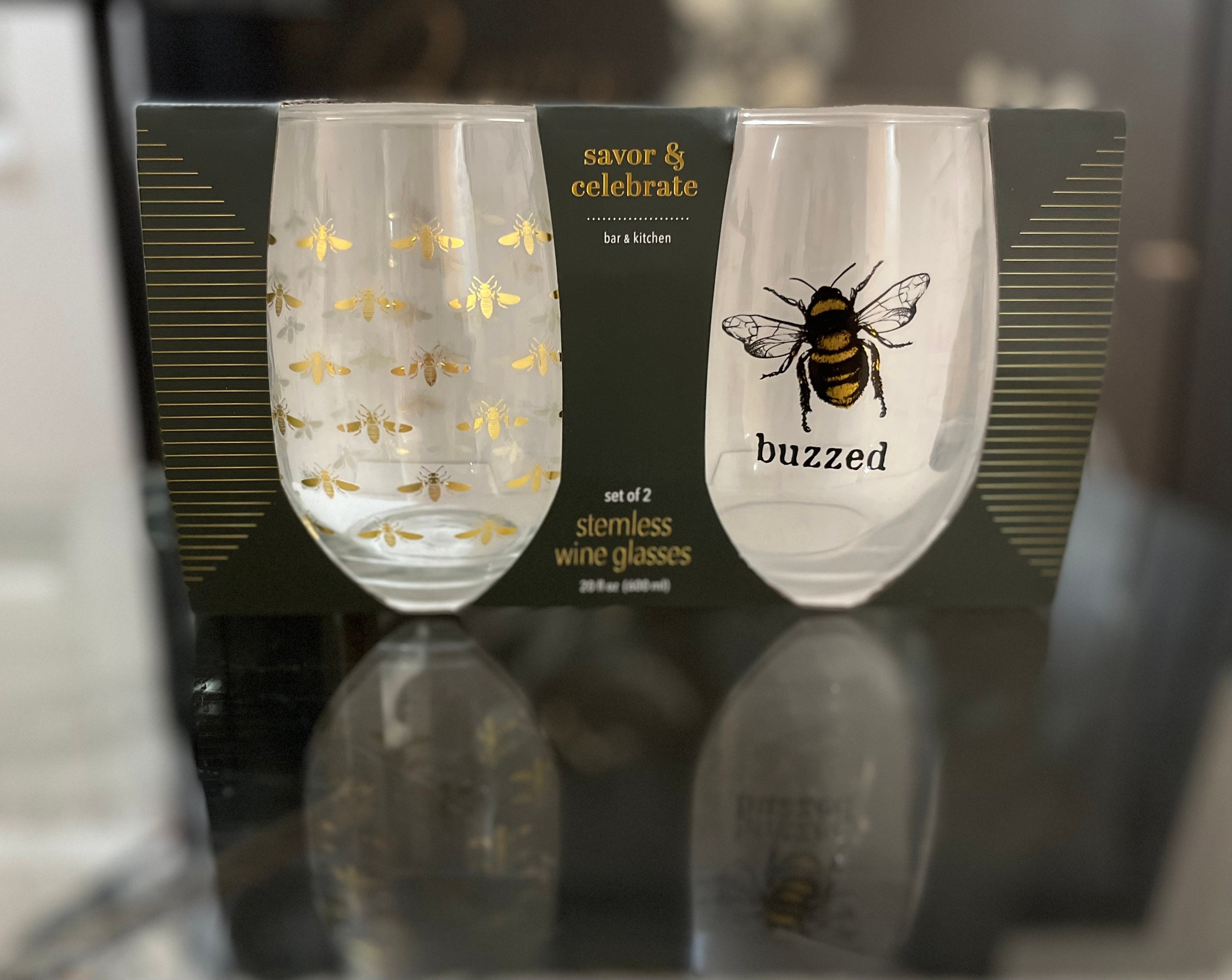 Bee Engraved Style Wine/Water Glasses - Set of 2