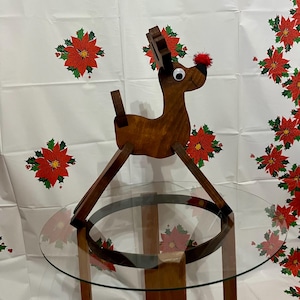 Wooden Rudolph the Red Nosed Reindeer Christmas Holiday Decor Statue Figurine Stand Standing Collapsible for Compact Storage Hand Made