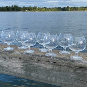 Könnte beinhalten: Acht klare Cognacgläser mit geätzten floralen Mustern sind auf einer Holzoberfläche angeordnet. Die Gläser haben eine runde Schale und einen kurzen Stiel. Im Hintergrund sind ein See und Bäume zu sehen.