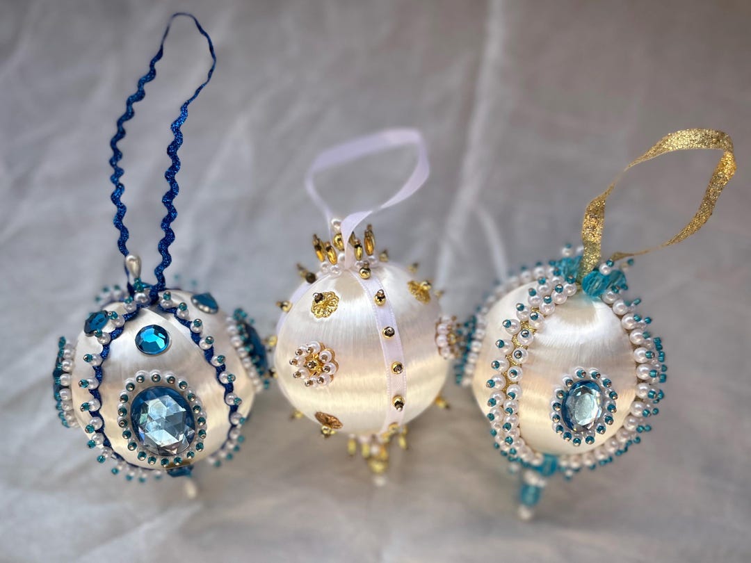 Three HANDMADE Blue - White - Gold Vintage Christmas Tree Ornaments - Etsy