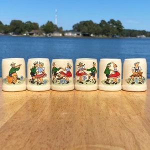Set of 6 Mini Steins 2&quot; Tall Vintage Stoneware Beer Mugs Decor - Kitchen Decor - Dancing Couples on Tiny Small Steins