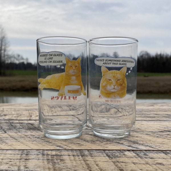 2 Vintage 1980's Morris Cat 9 Lives Cat Food Glass Tumblers Orange Cat Cat Lover Made by Libbey 12 oz