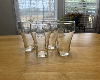 Set of 4 Vintage Libby Coca-Cola Bottle Shaped Soda Fountain Glasses White Cursive Lettering & Block Print Lettering Opposite Side