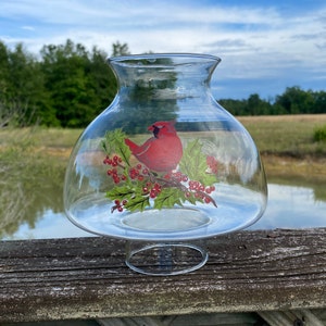 Red Cardinal Hurricane Clear Glass Shade Cardinal Lampshade Cardinal Candleshade Christmas Spiritual Mistletoe Holly Berries Holiday Decor