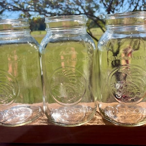 ヴィンテージガラスメイソンクォートジャー3個、ホーンオブプレンティ付き / ガラス透明メイソンキャニングジャー / メイソン / 800ml メイソン番号、すべてのジャーの底に14