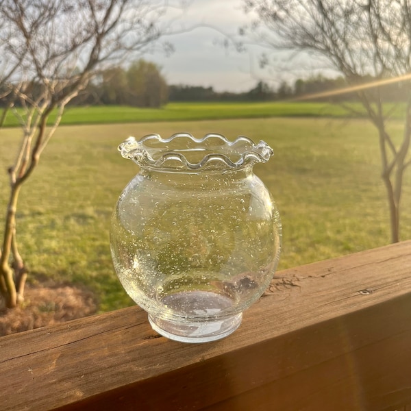 Clear Glass Ruffle Top Bowl Vase 5.5 x 5.5" Clear Bubble Glass Fish Bowl Glass Ruffled Rim Bowl Rose Bowl Vase Very Versatile