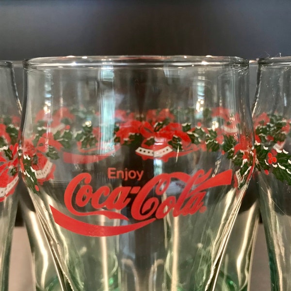 Ensemble de 5 verres transparents Coca-Cola en forme de cloche et feuilles de houx Coca-Cola Coke Verres à coke des Fêtes vintage en forme de cloche Verres à fontaine Coca des Fêtes