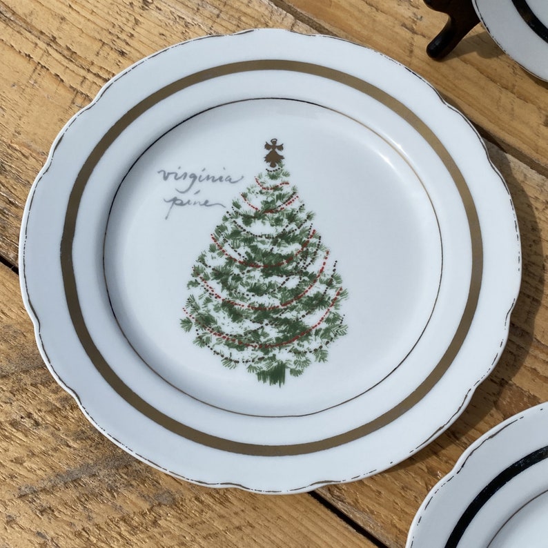 4pc Set Pottery Barn Vintage Tree Christmas Appetizer Dessert Side Salad Plates 8 Norway Spruce Virginia Pine Frazier Fir Douglas Fir image 4