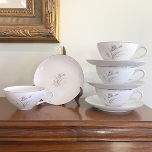 4 Vintage 1960&#39;s Flat Cup 6oz and Saucer Sets Japan Fine China Royal Elegance by Creative Coupe White w/ Gray Flower Center and Silver Edge