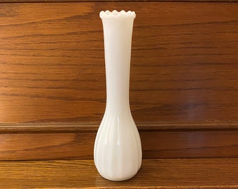 Pointed Milk Glass Vase White Pressed Glass Bud Vase - Ribbed 8.75" Tall - Spiked Scalloped Rim & Round Bottom Vintage Long Stem White Vase