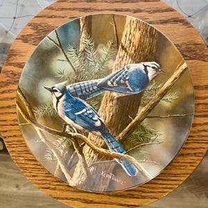 May include: A decorative plate featuring two blue jays perched on a tree branch. The plate has a detailed painting of the birds with a forest background. The plate is set in a round wooden frame, with the artist's signature, "Kevin Daniel."