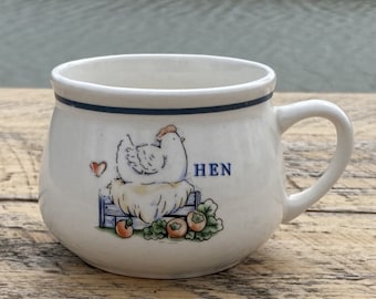 Vintage Hen Soup Mug / Bowl White with Blue Band - Farmhouse Kitsch