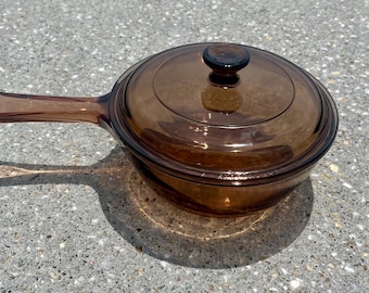 Vintage Amber Brown Clear Glass Corning Visions Fireside Pot z pokrywką