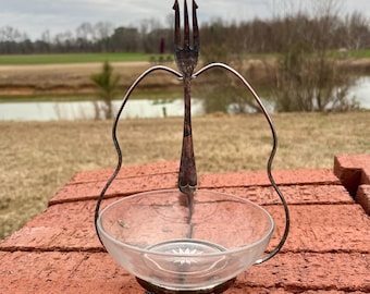 modèle de service en verre pressé transparent vintage | Magnifique relish/bon bon/condiment ancien en cristal et plaque argentée Starburst