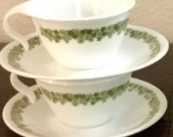 2 Cups & 2 Saucers Vintage Hook Mugs Spring Blossom Crazy Daisy Dishes Corelle Plates Saucers Mugs Corelle by Corning Green Flowers