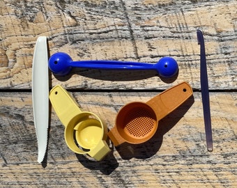 5 Vintage Tupperware Gadgets - Yolk Separator, Tea Strainer/Sifter, Melon/Cookie Baller, Lettuce Corer & Citrus Peeler 879 1333 779 885 727