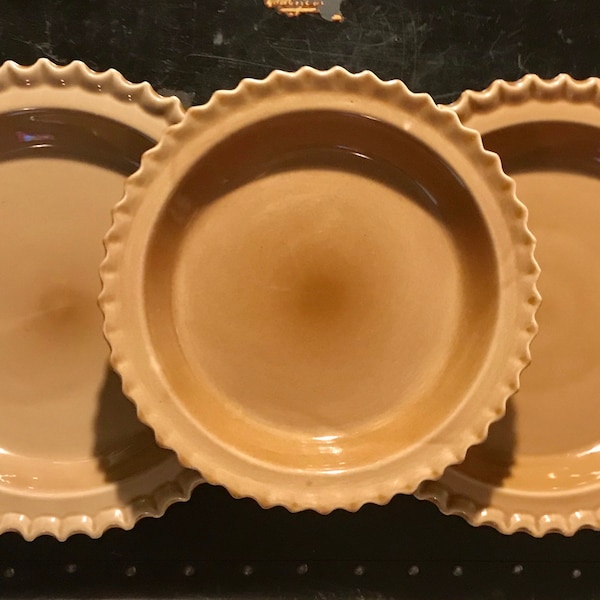 Set Of 3 Vintage Pie Pan Brown Heavy Round Pie Pan Serving Pie Plate Quiche Fluted Ceramic Pies Small One 9.5"   Large Two 11"