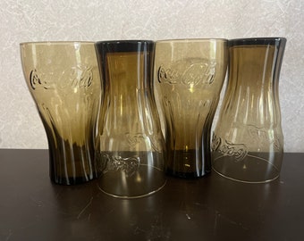 Set of 4 / 16 oz Brown Coca-Cola Glass - 6&quot; Tall Clear Amethyst Brown Glass Coca Cola Coke Bell-Shaped Iced Tea Tumbler Soda Root Beer Float