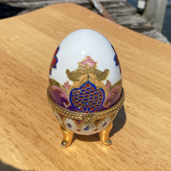 Vintage Hand Painted Porcelain Imperial Treasures Trinket Egg