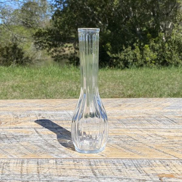 Vintage GGG Clear Pressed Glass Bud Vase - Ribbed Panel Flat Fluted Rim and Round Bottom 9" Tall Narrow