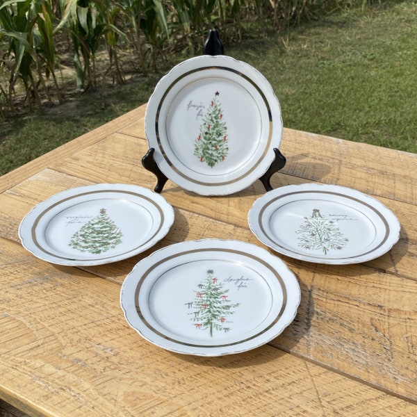 4pc Set Pottery Barn Vintage Tree Christmas Appetizer Dessert Side Salad Plates 8" Norway Spruce Virginia Pine Frazier Fir Douglas Fir