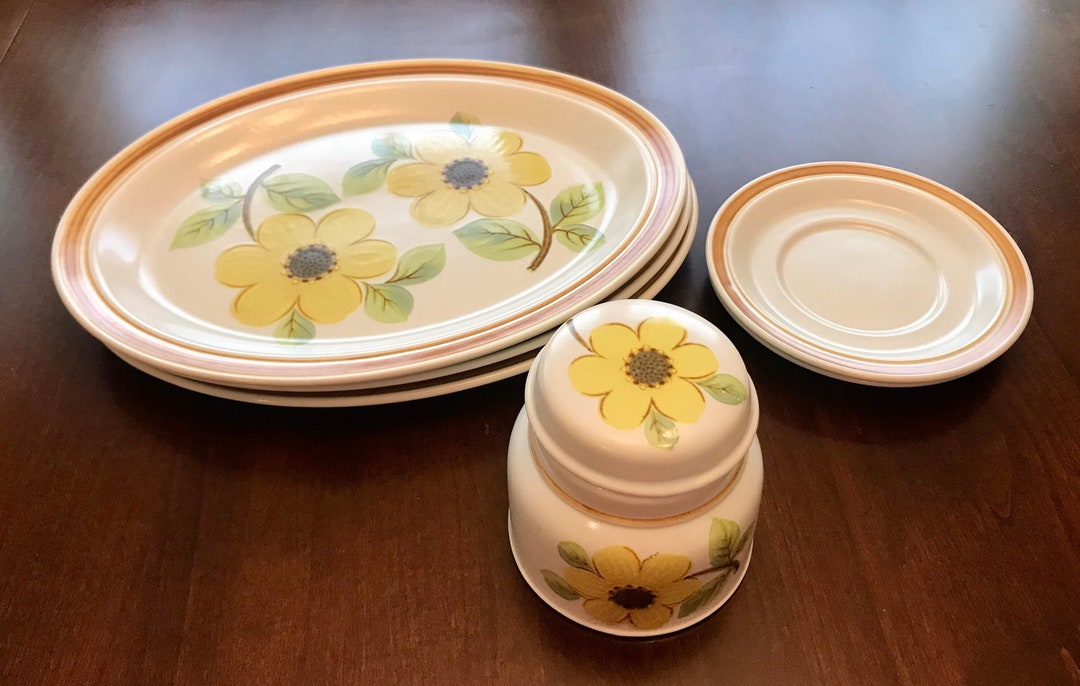 1970s Royal Doulton Summer Days Lidded Container and 2 Saucers Yellow