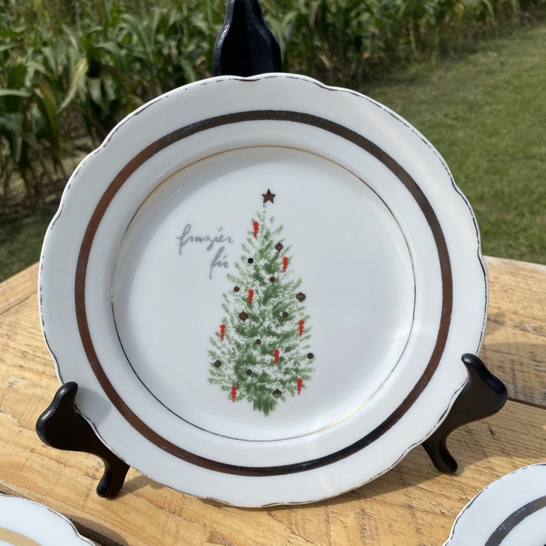 4pc Set Pottery Barn Vintage Tree Christmas Appetizer Dessert Side Salad Plates 8 Norway Spruce Virginia Pine Frazier Fir Douglas Fir image 5