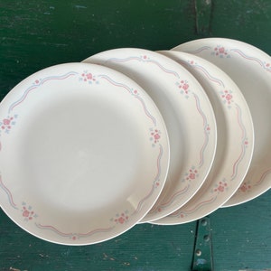 10” 4pc Set &quot; English Dinner Plates Vintage 1990&#39;s Corelle Corning Beige w/Pink Blue Flowers Lines Round Mauve 10” Plate