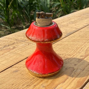 Vintage 6&quot; Tall Red & Gold Table Lighter - Ceramic and Brass - Orient Asian Orange - Unique Lighter Collectible