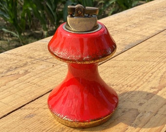 Vintage 6" Tall Red & Gold Table Lighter - Ceramic and Brass - Orient Asian Orange - Unique Lighter Collectible