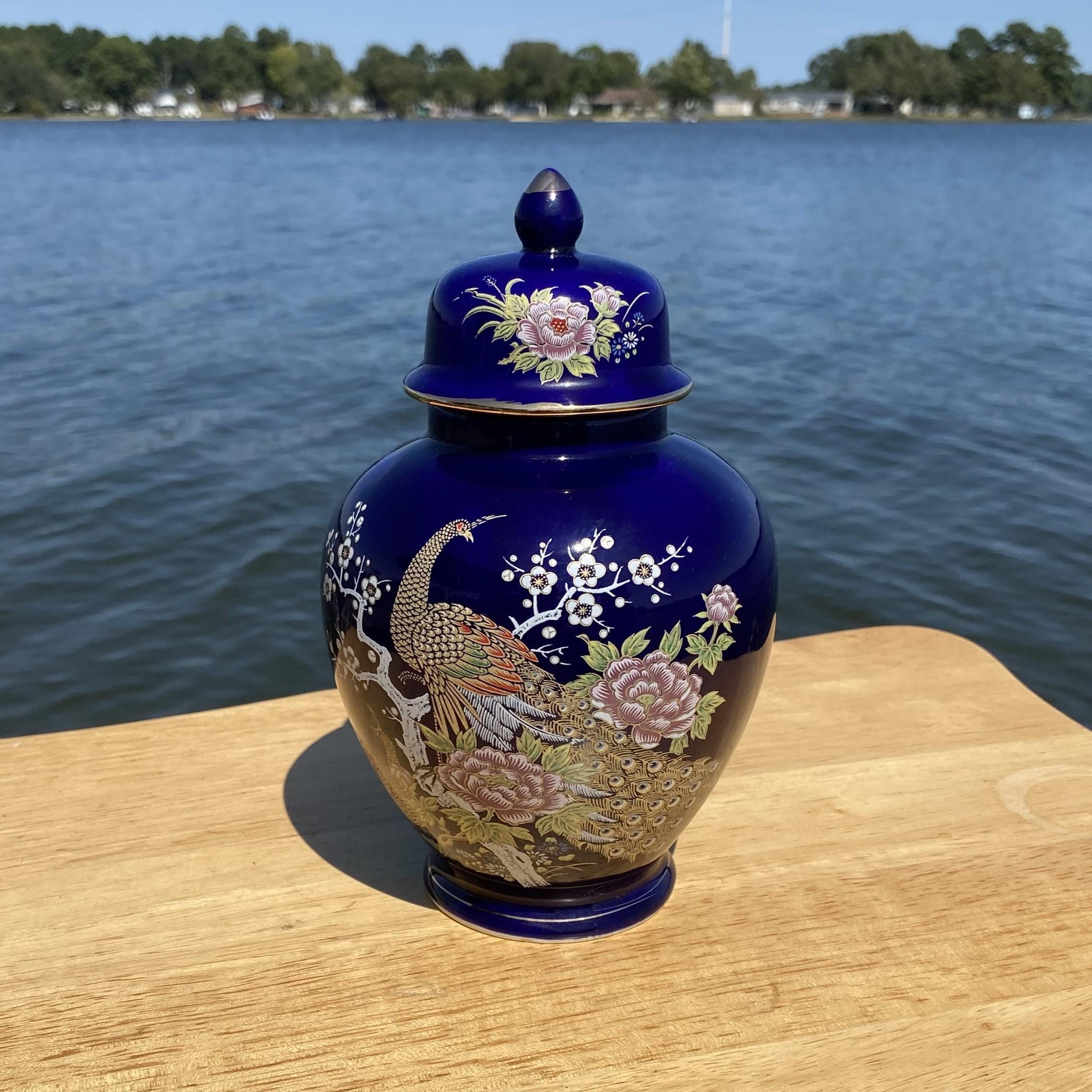 Vintage Japan Peacock Cobalt Blue and Gold Ginger Jar W/ Lid 8.25