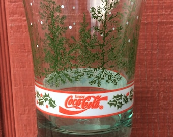 Enjoy Coca-Cola Christmas Holiday Glasses by Libbey Winter Snow Trees Berry Fir Pine Evergreen