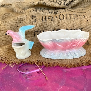 Vintage Royal Copley Lotus Flower Planter Pastel Bird Planter Ceramic Bluebird Planter Blue Pink Bird Planters Bird Planter Ceramic Planter