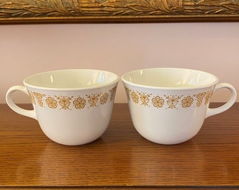 2pc Set 8oz C-Handle Butterfly Gold Cups - 1970's Vintage Corelle by Corning C Handle Mugs - Vitrelle Yellow Flowers Floral White Coffee Tea