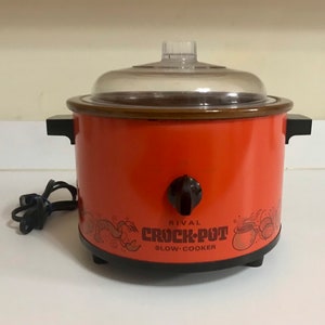 Vintage Orange Red Rival Crock Pot Slow Cooker Lobster and Veggie Design W/  Lid Footed Electric Model 3102/3 Holds 8 Cups 