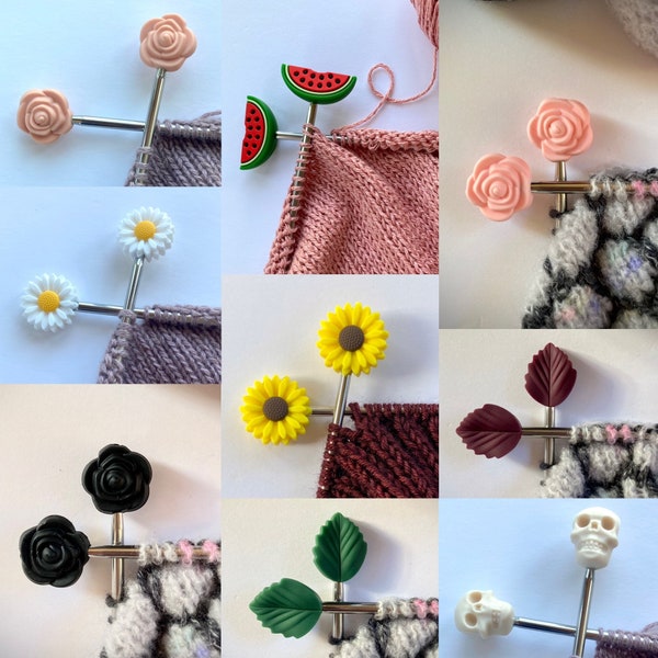 Knitting needle stoppers, needle protectors, point protectors, stitch holder, rose, sloth, watermelon, flamingo, daisy, leaf, skull, flower