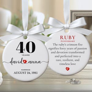 Personalized 40th Ruby Wedding Anniversary Keepsake Ornament With Custom Names and Date. Traditional Ruby Anniversary Gift for Her or Him