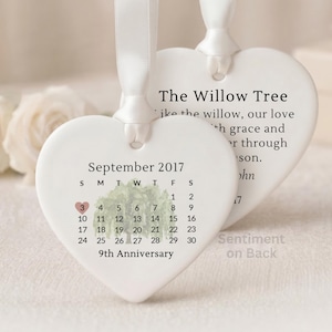 9th Anniversary Personalized Ornament with Calendar: Willow Tree Ceramic Heart