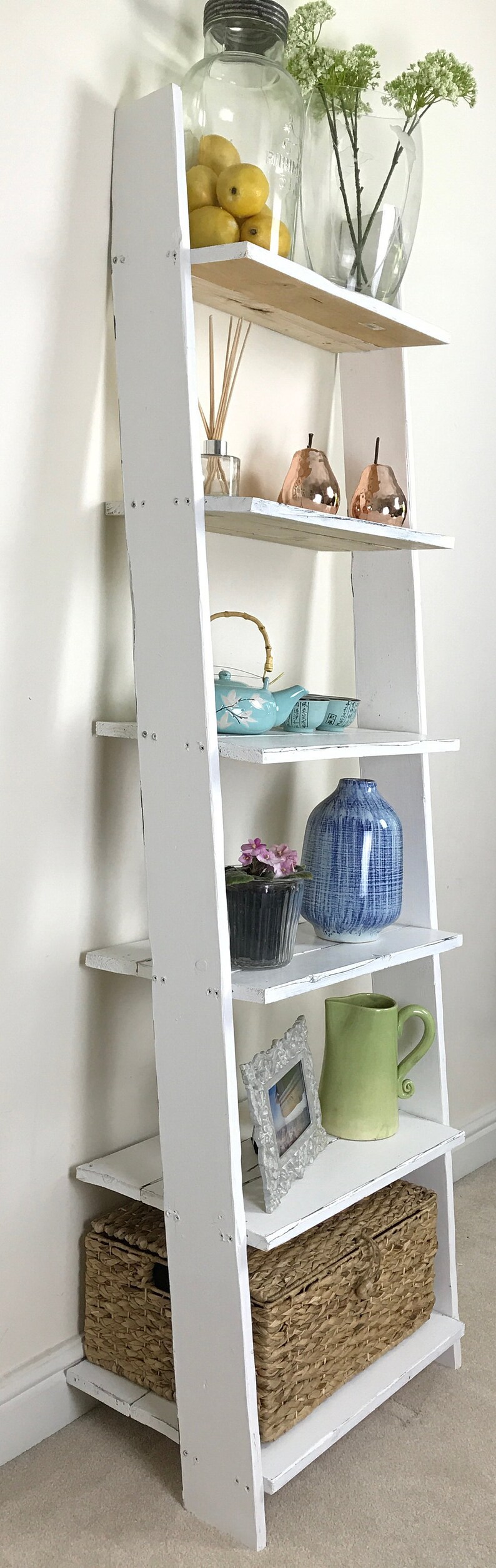 Ladder Shelf White 6 Shelves Distressed in White Barnwood Etsy