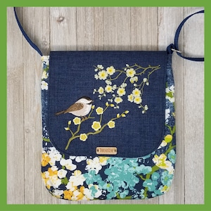 Navy blue cherry blossom chickadee embroidered crossbody bag